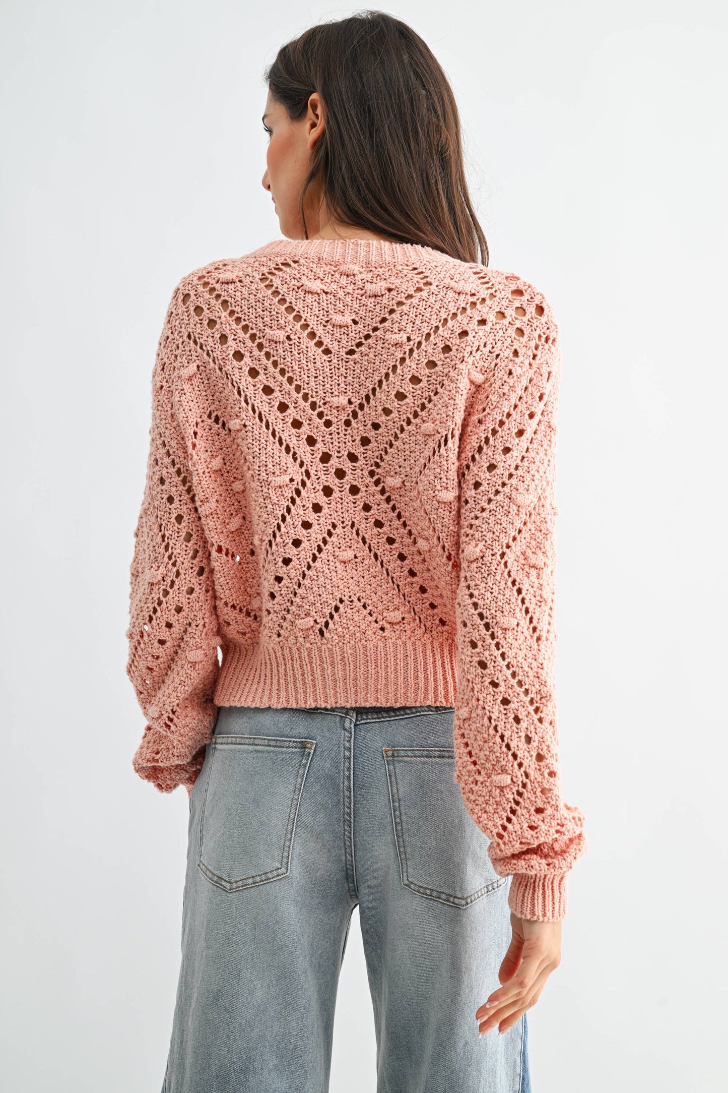 Open Knit Crochet Gold Button Cardigan Sweater