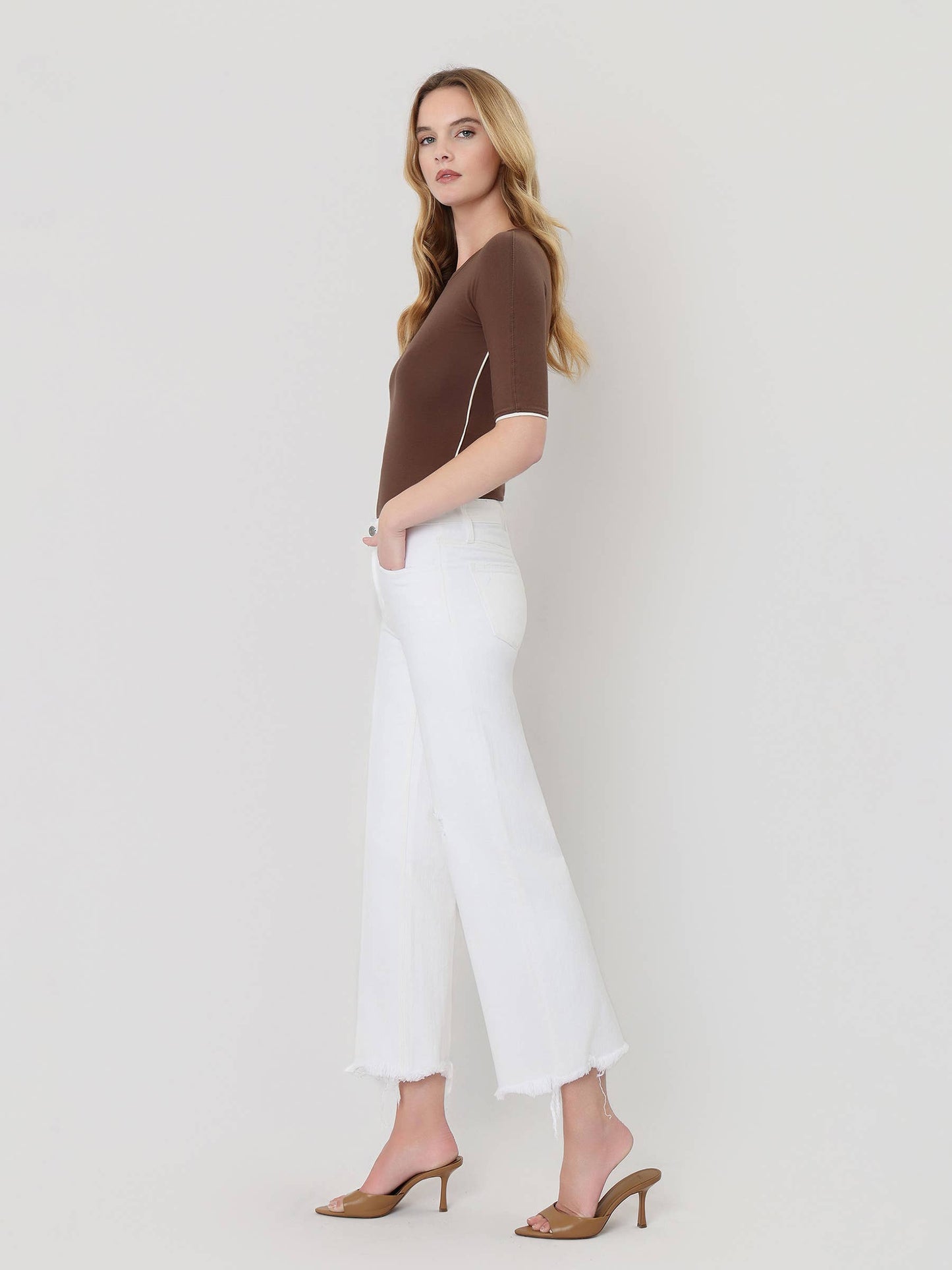 High Rise Raw Hem Crop Wide Jeans