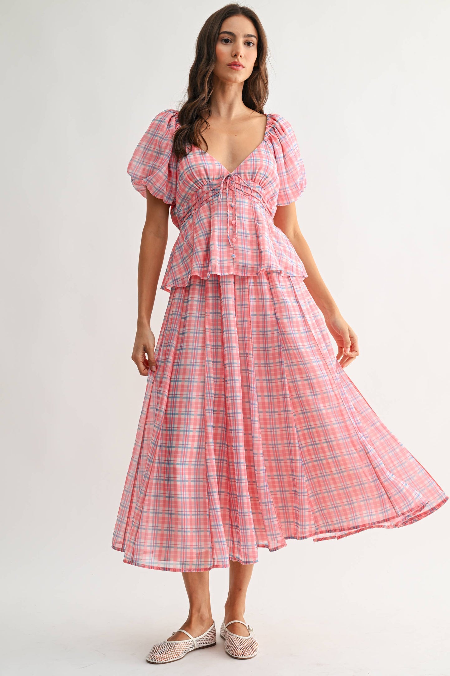 Pink Plaid Midi Skirt