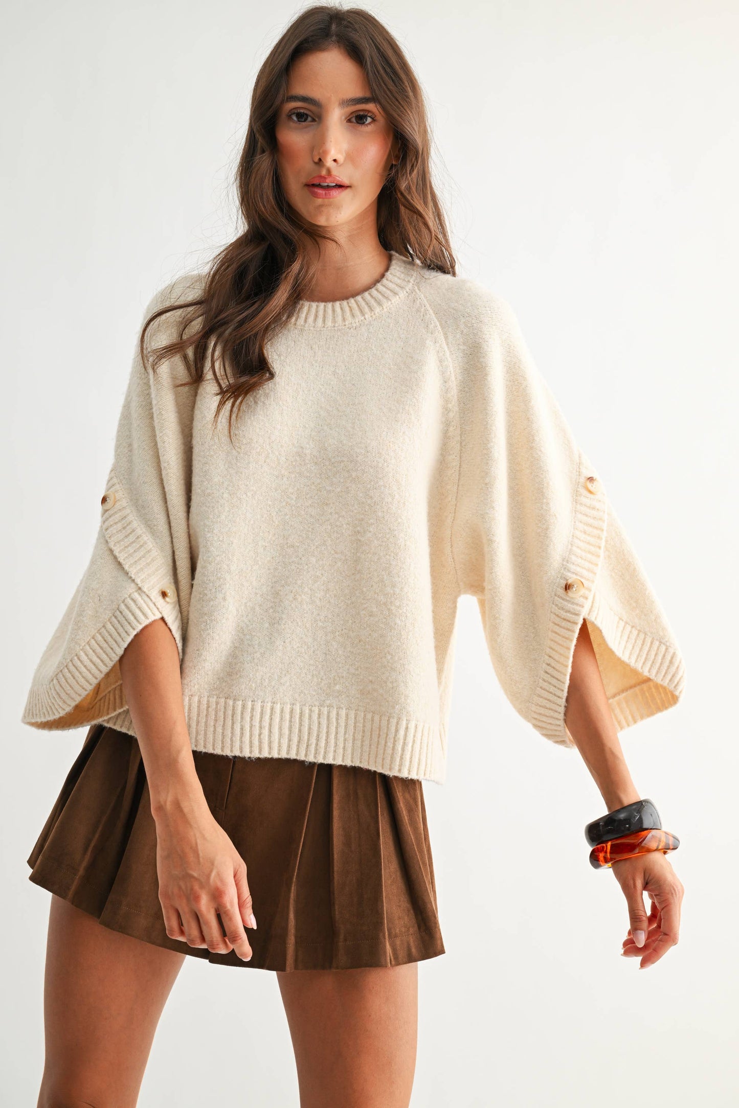 Button Wide Sleeve Knit Pullover Sweater