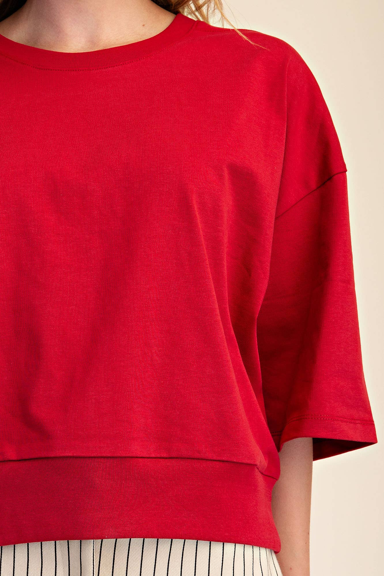 Round Neck Rib Band Pullover Cotton Top