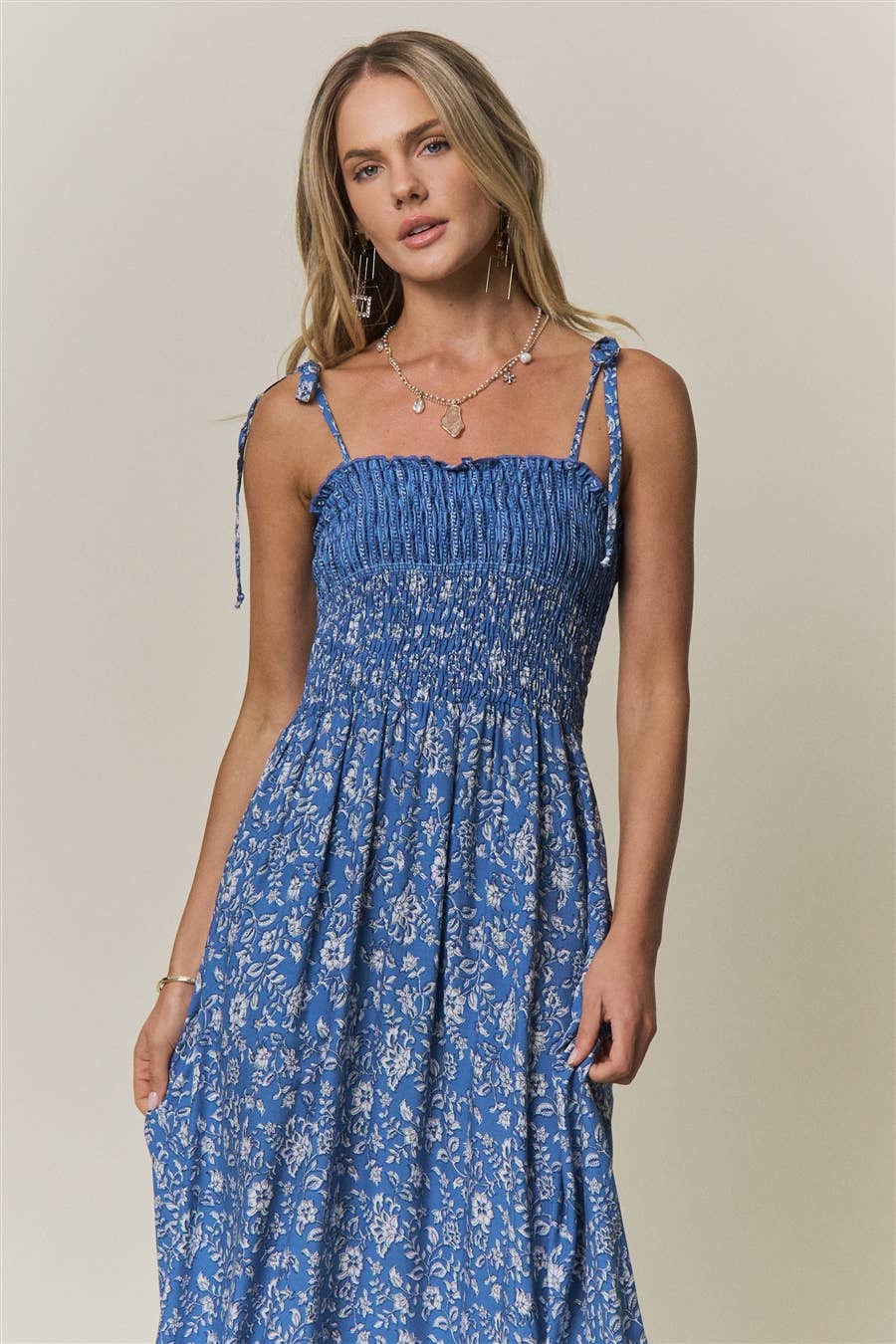 Smocked Tie Strap Floral Maxi Dress