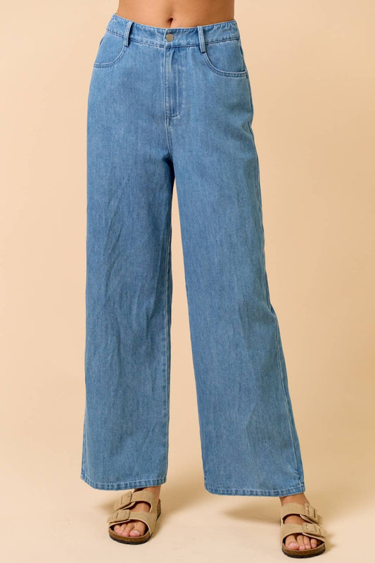 Scalloped Pockets Wide Leg Denim Pants