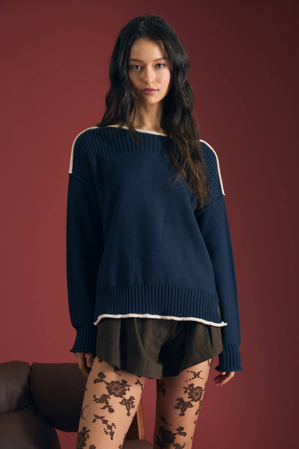Ribbed Boat Neck Contrast Trim Sweater
