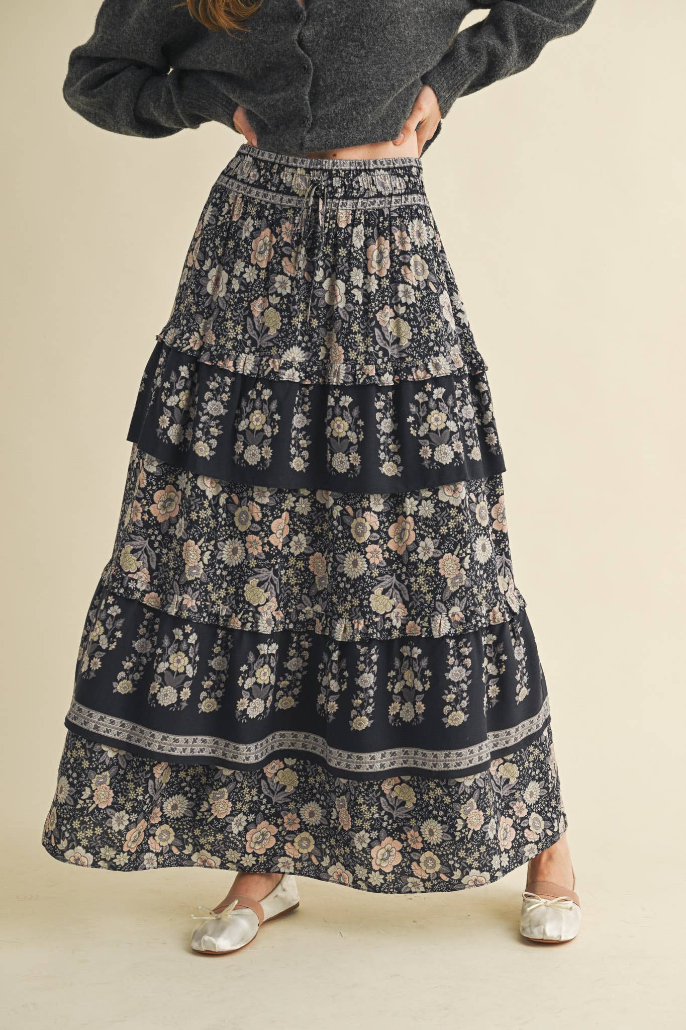 Rental- Ruffle Tiered Border Print Midi Skirt