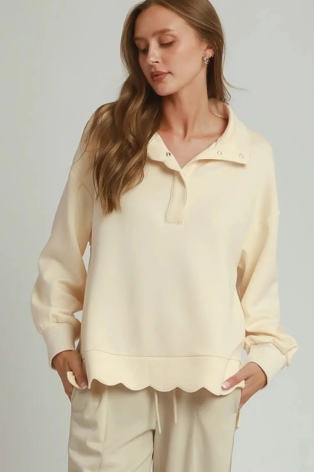 Scalloped Snap Front Pullover Sweatshirt