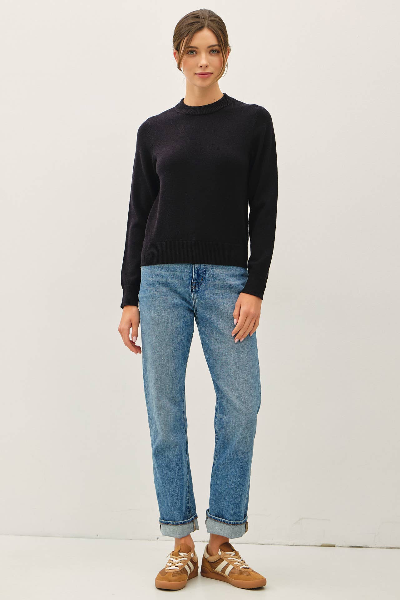 Ribbed Neck Cropped Length Sweater