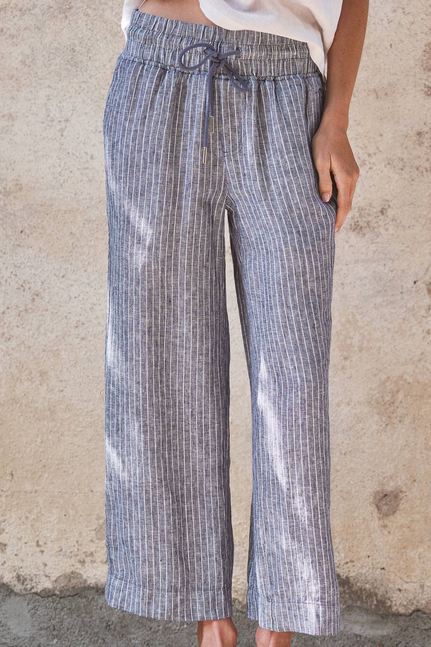 Linen Blend Wide-Leg Drawstring Pants
