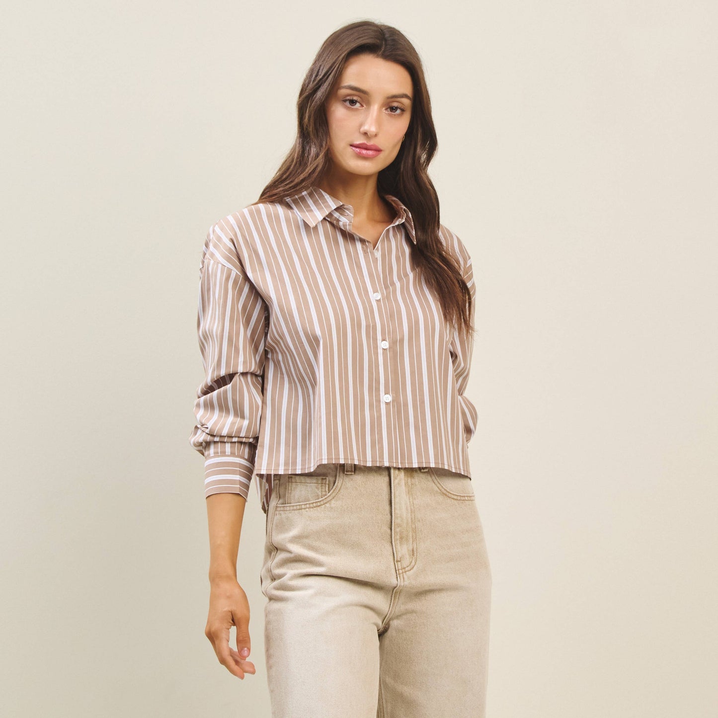 Striped Button Down Crop Length Shirt