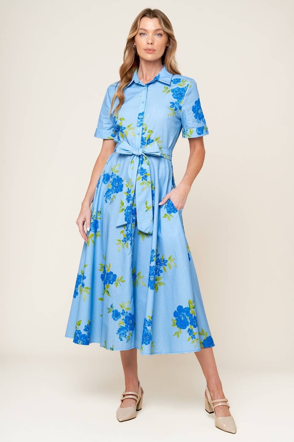 Collared Tie Front Midi Dress