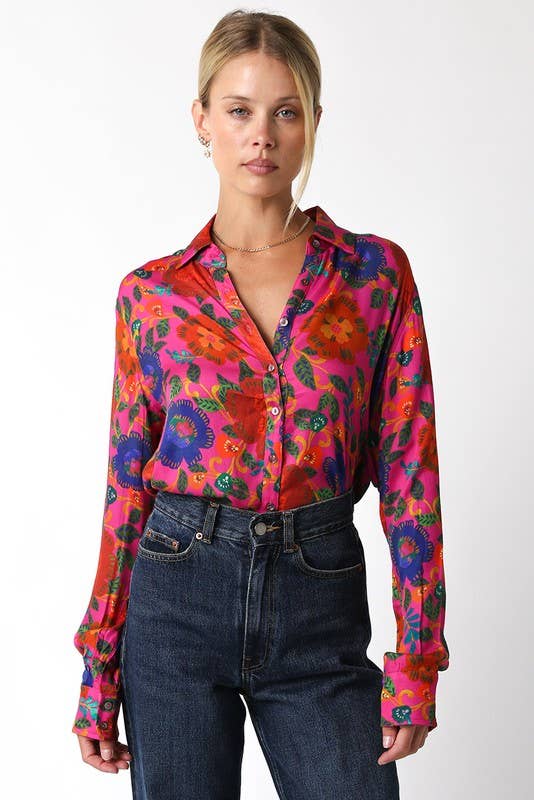 Silky Button Down Floral Top