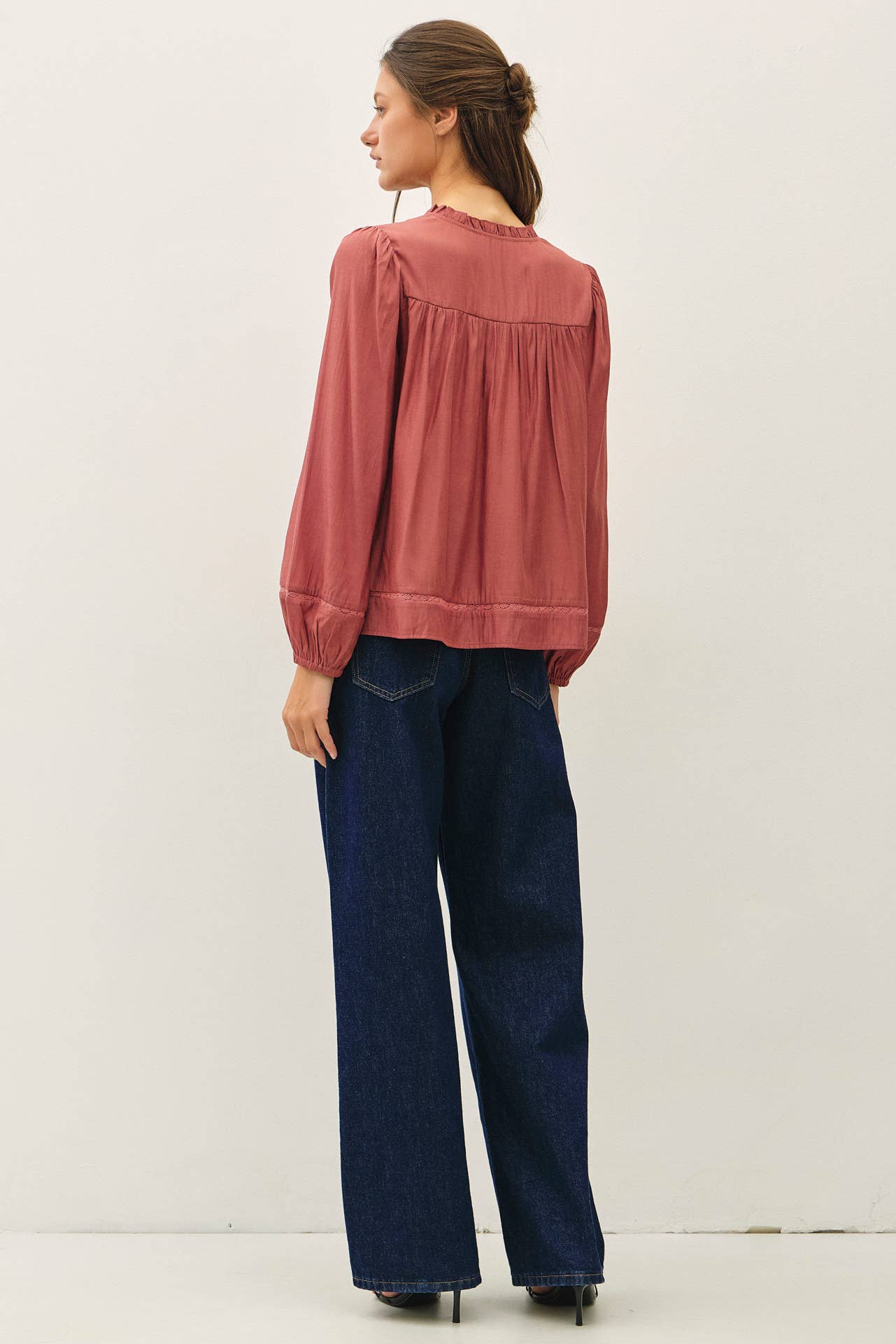 Ruffled V-Neck Silky Peasant Top