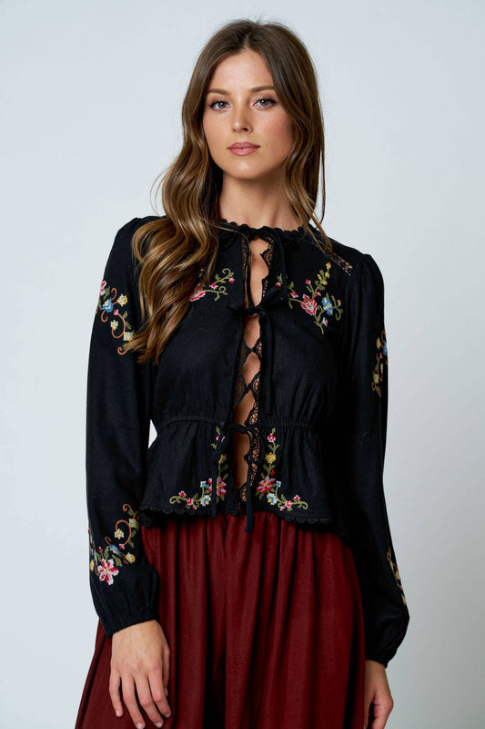 Embroidered Crochet Front Tie Top