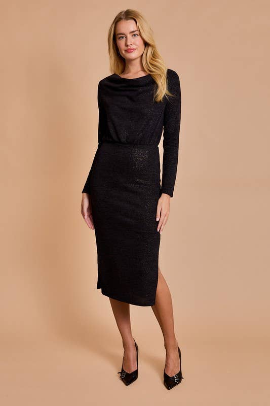 Cowl Neck Long Sleeve Midi Dress