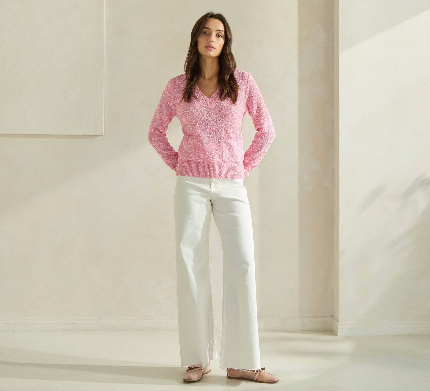 Two Tone Boucle Front Pocket Sweater