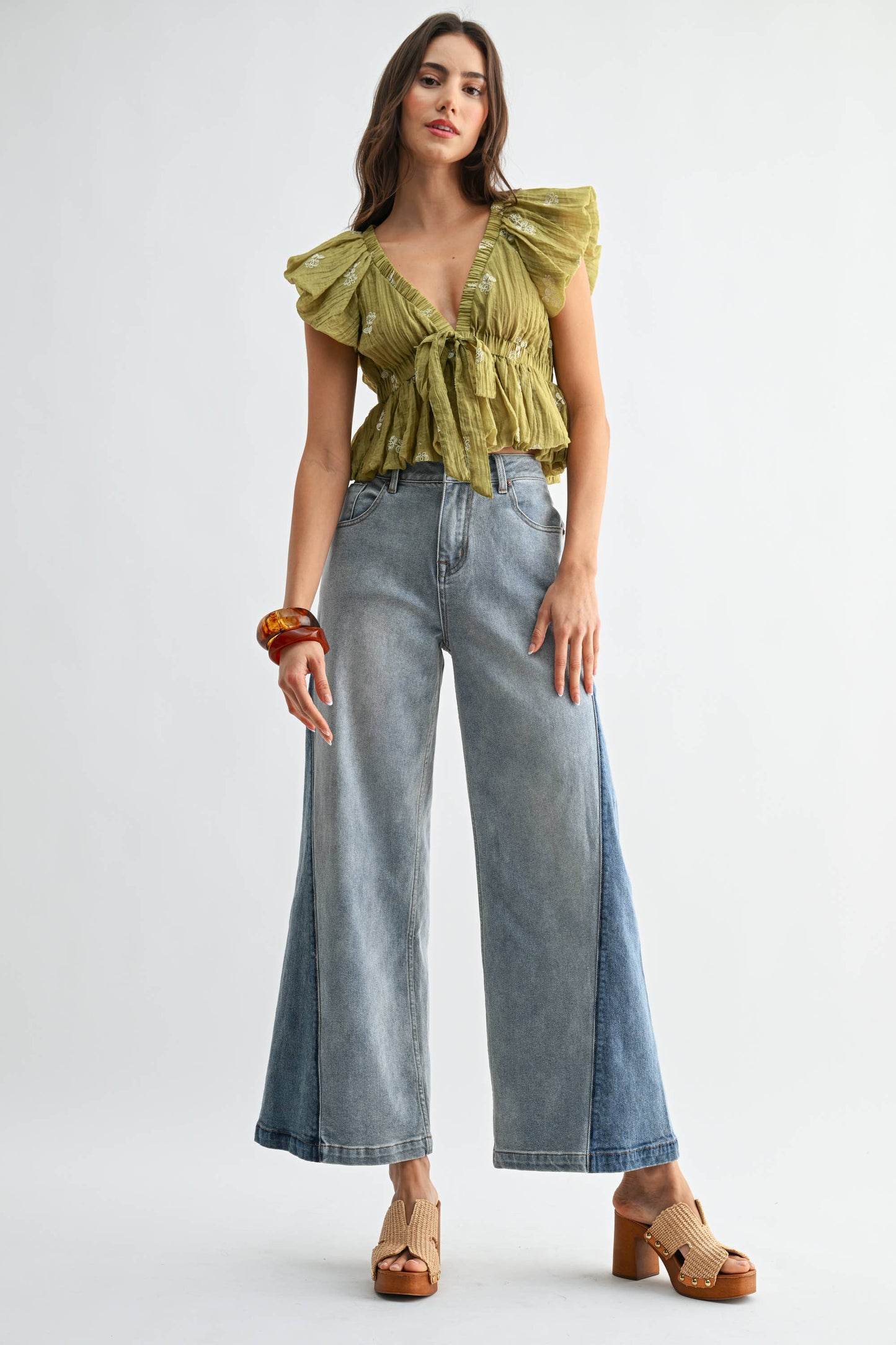 Wide Leg Two-Tone High Waist Denim Jeans