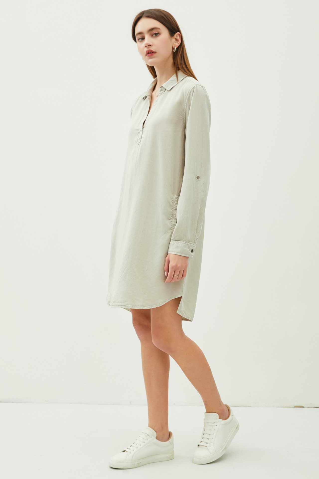 Collared Rolled Sleeve Tencel Dress