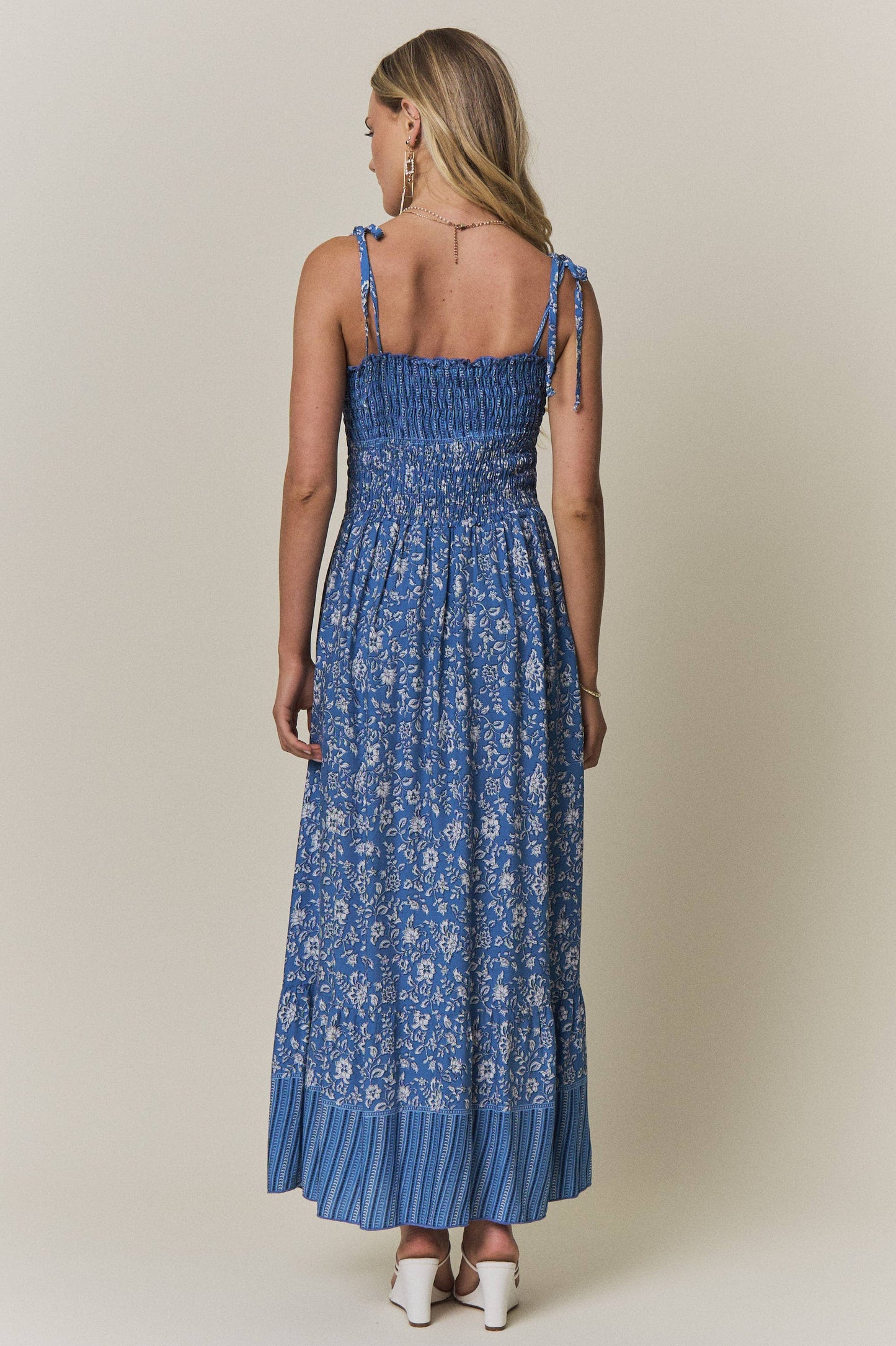 Smocked Tie Strap Floral Maxi Dress