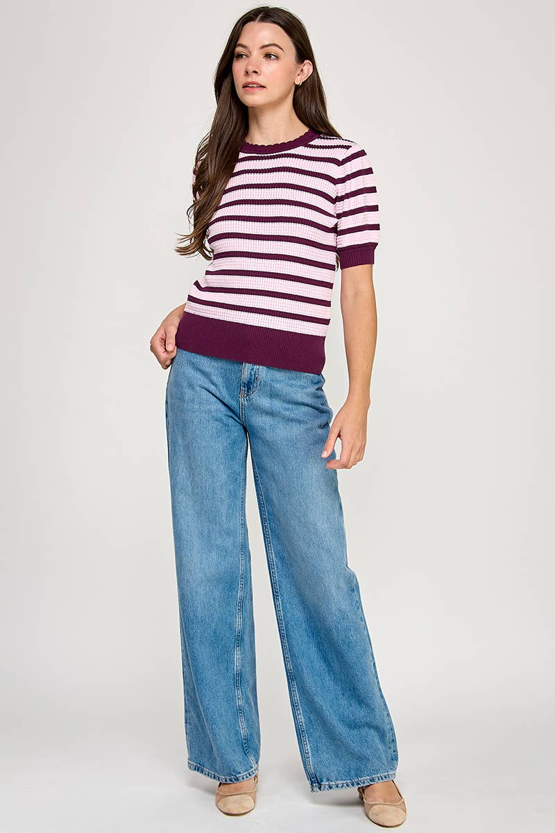 Scalloped Neck Puff Sleeve Short Sleeve Top