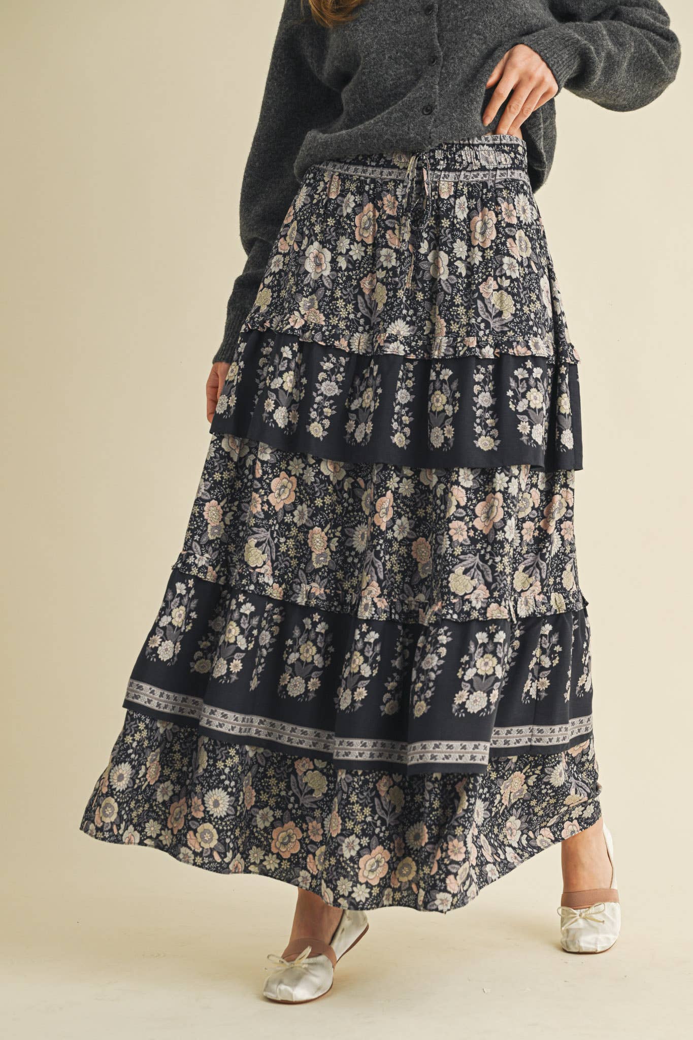 Rental- Ruffle Tiered Border Print Midi Skirt