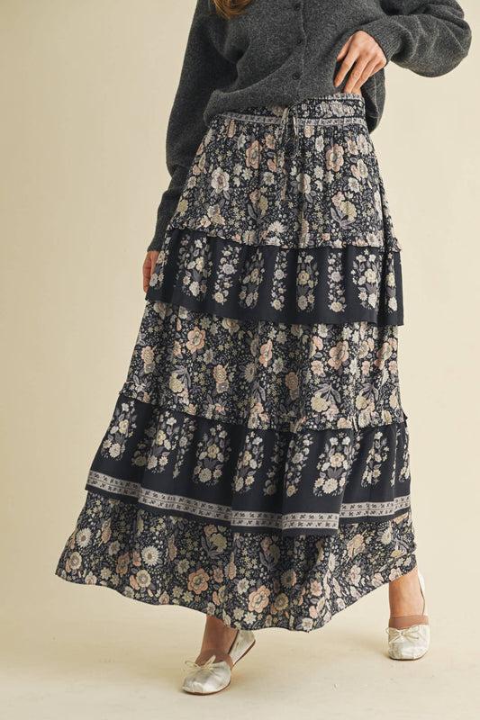 Rental- Ruffle Tiered Border Print Midi Skirt