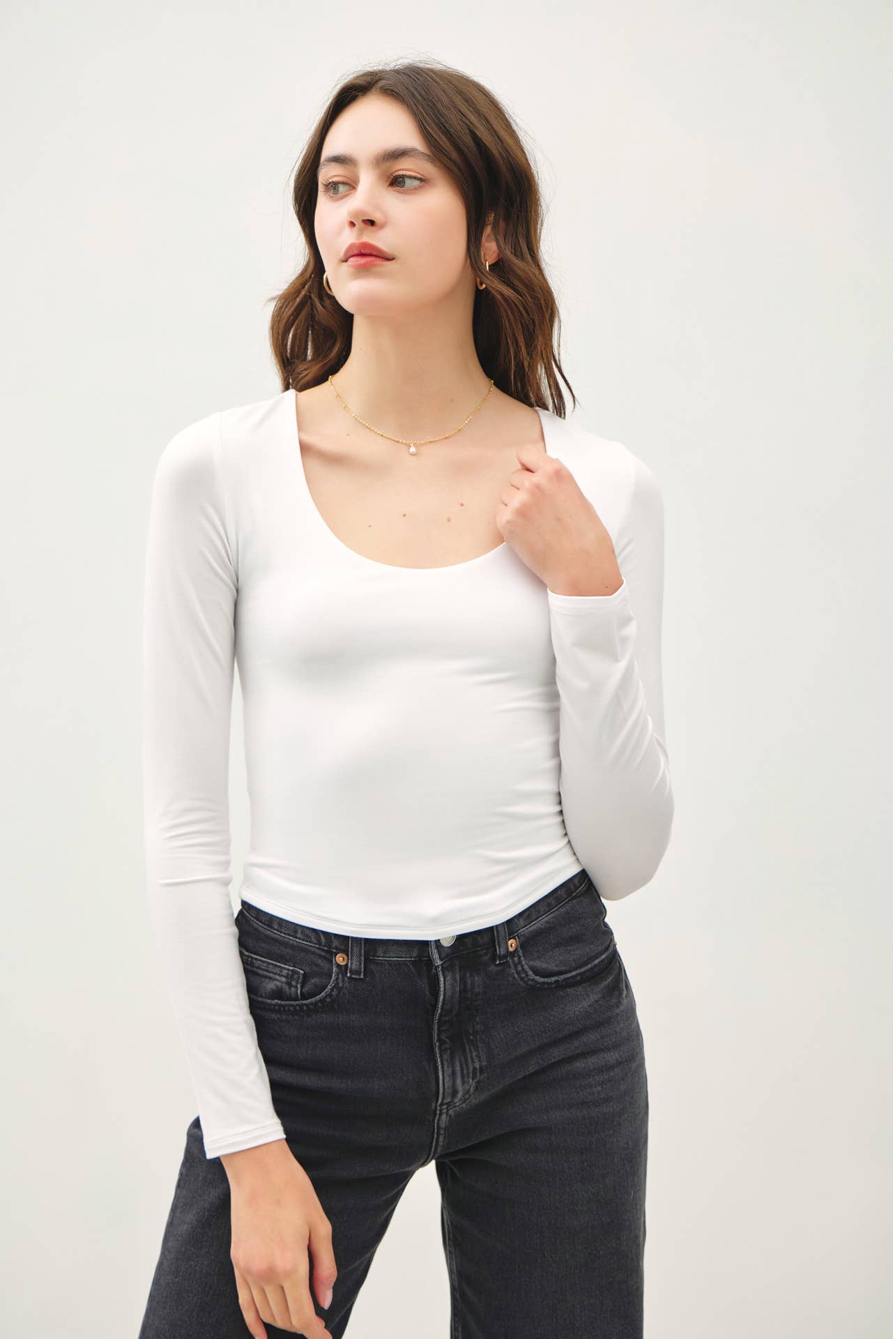 Fitted Basic Scoop Neck Long Sleeve Top