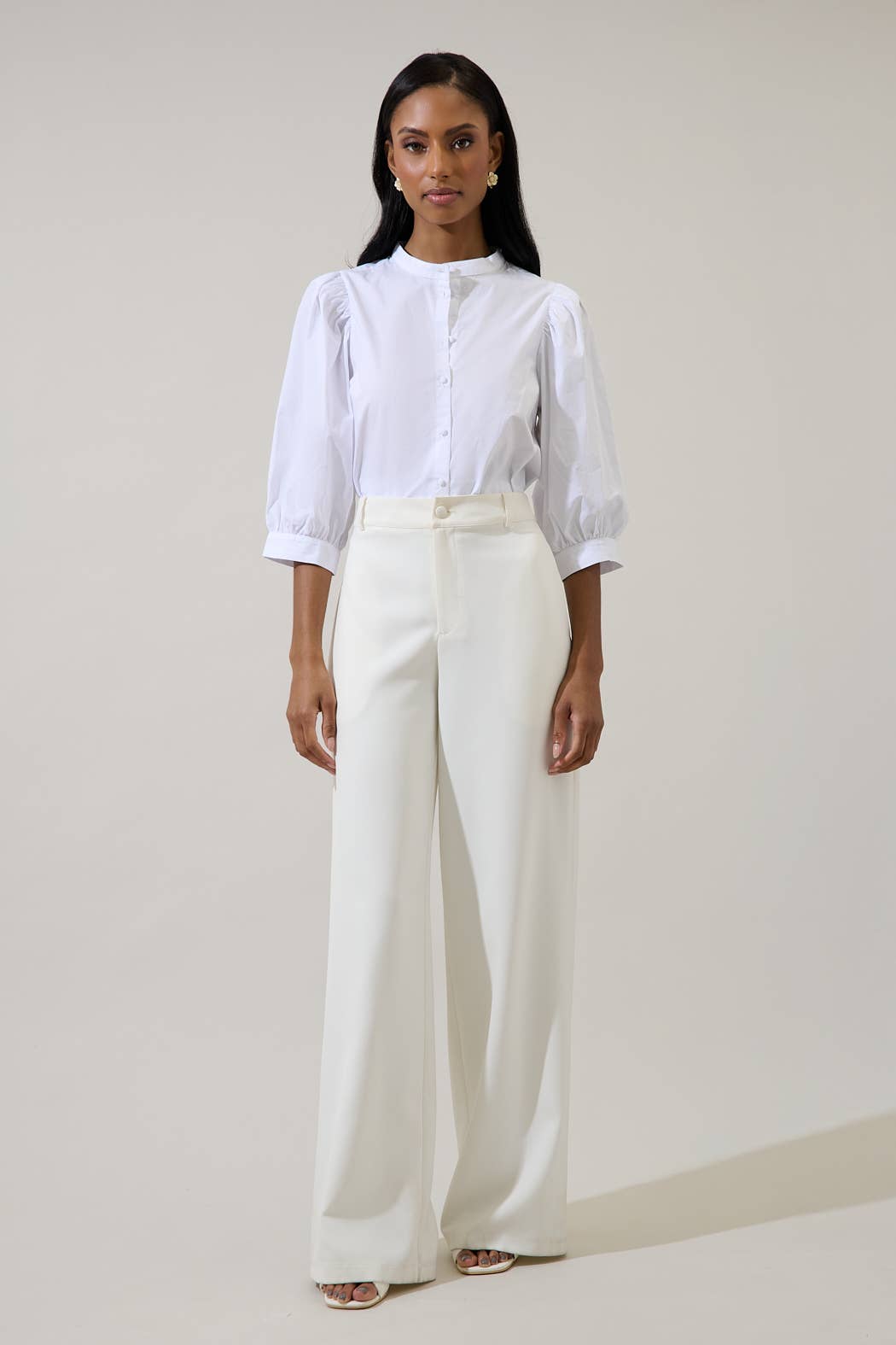 Crew Neck Button Up Puff Sleeve Shirt