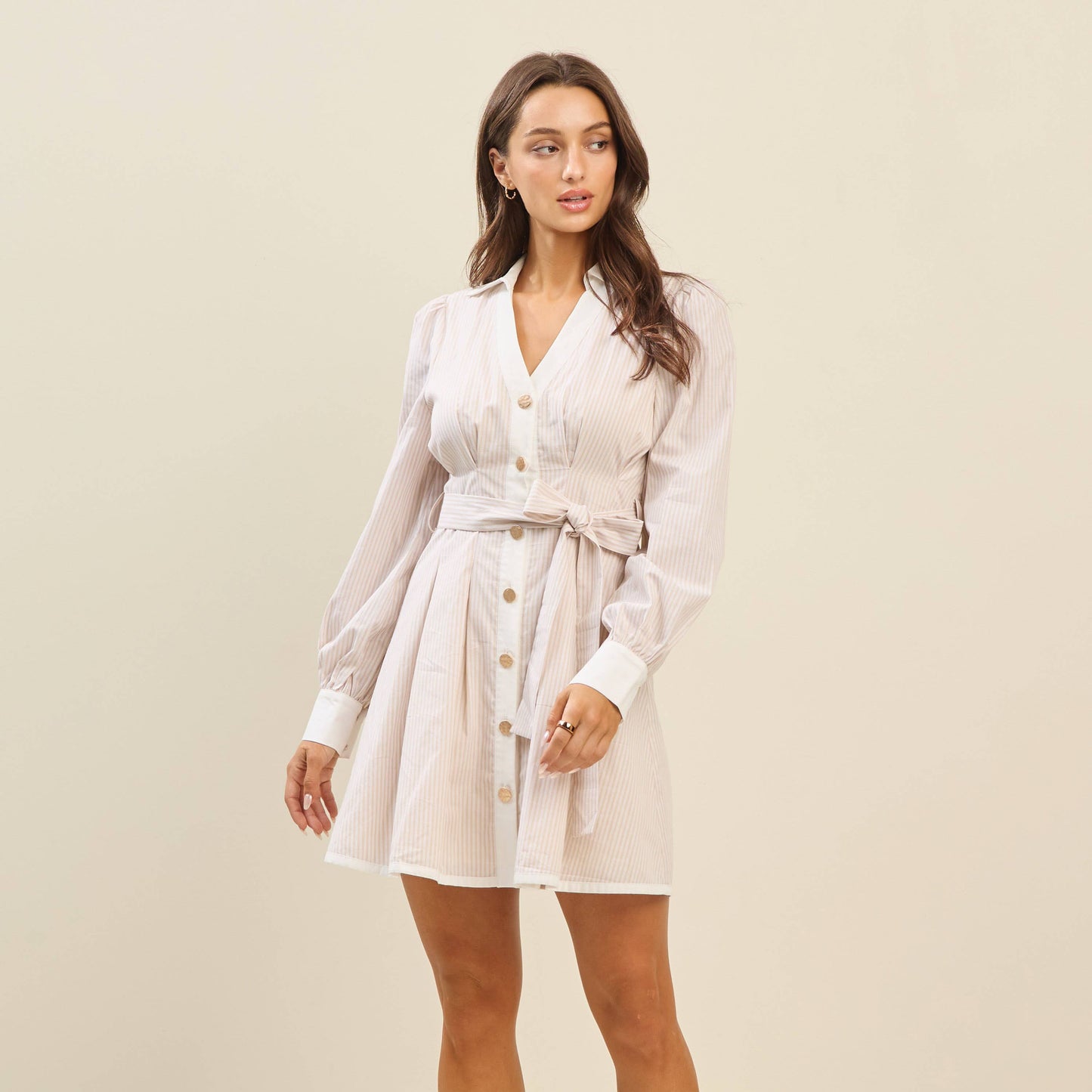 Gold Button Pintuck Waist Shirt Dress