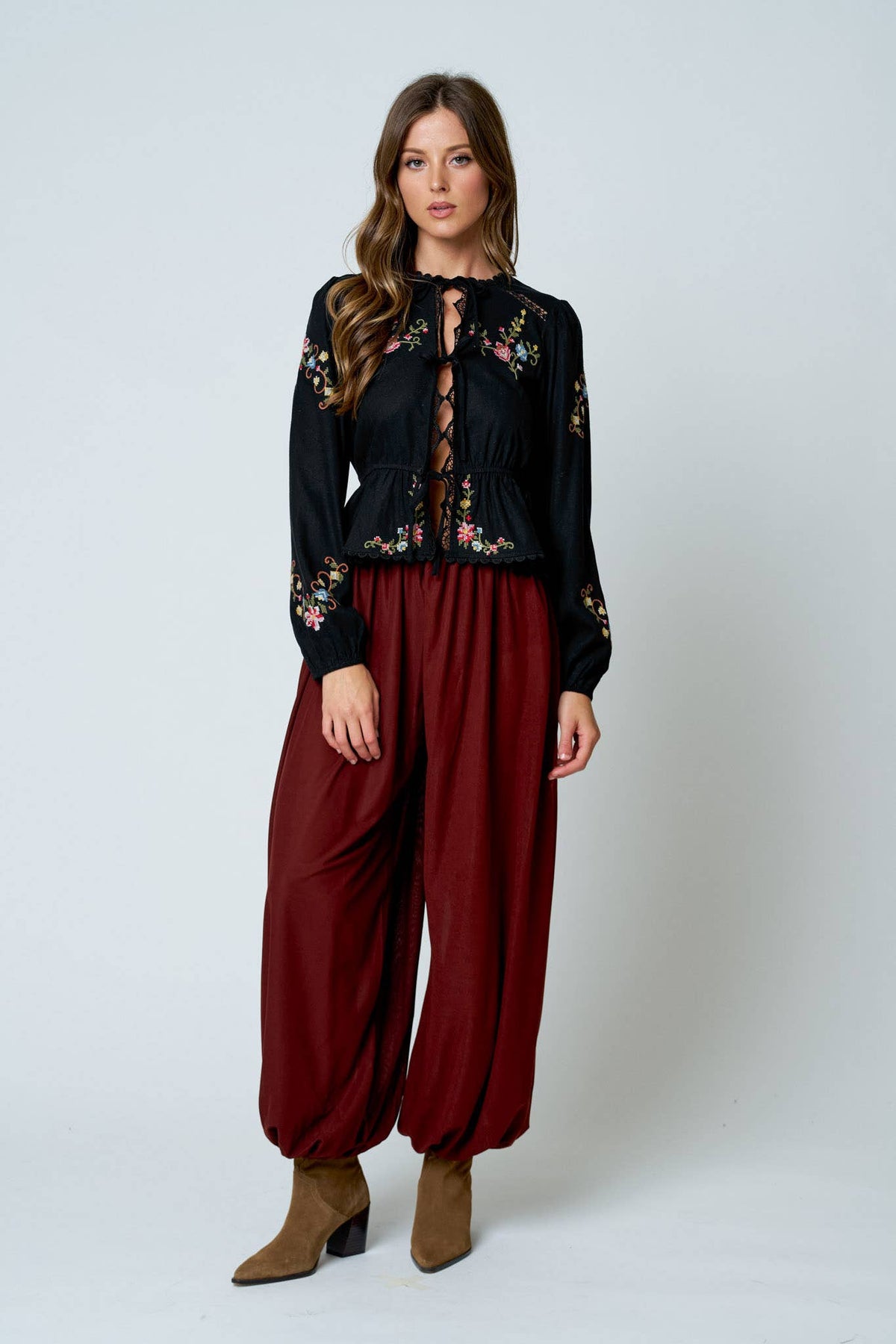Embroidered Crochet Front Tie Top