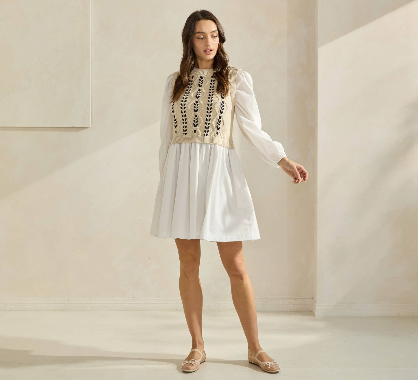 Sweater Poplin Combo Mini Dress