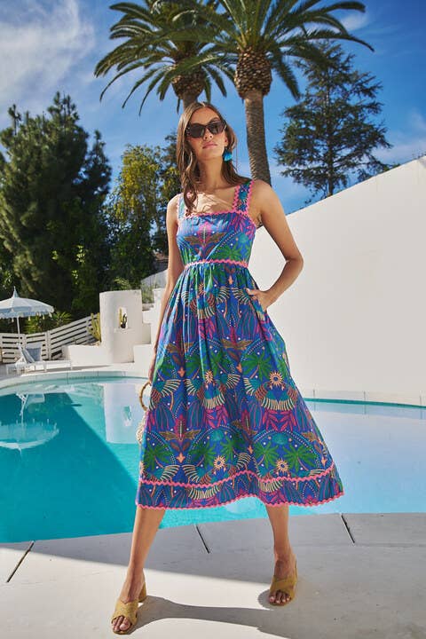 Tropical Ric Rac Pleated Midi Dress