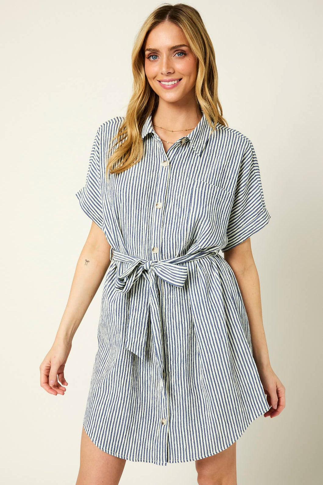 Half Sleeve Tie Waist Shirt Dress