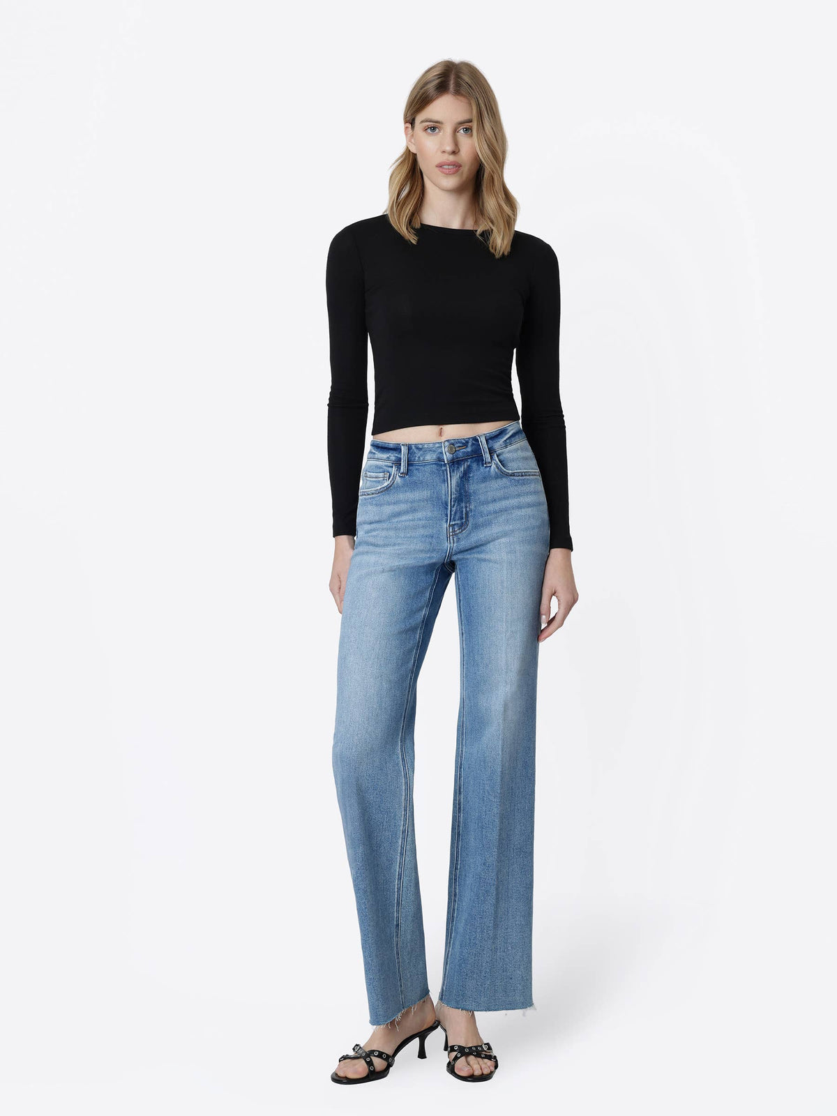 High Rise Raw Hem Slim Wide Jeans