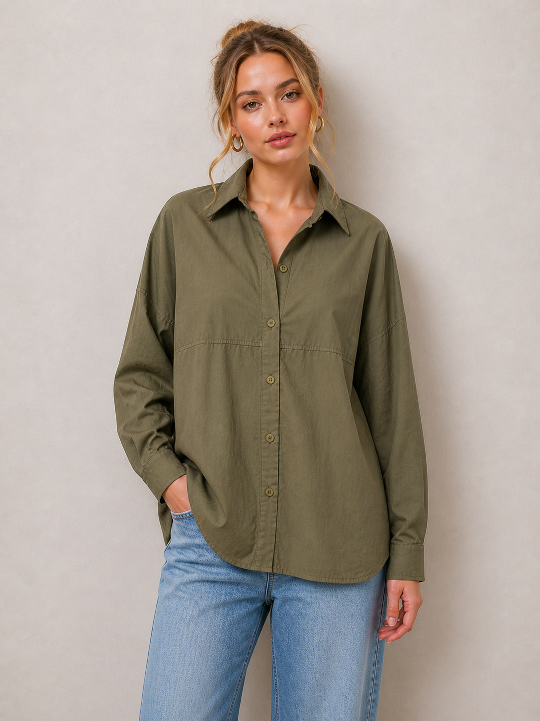 Poplin Roll Sleeve Button Down Shirt