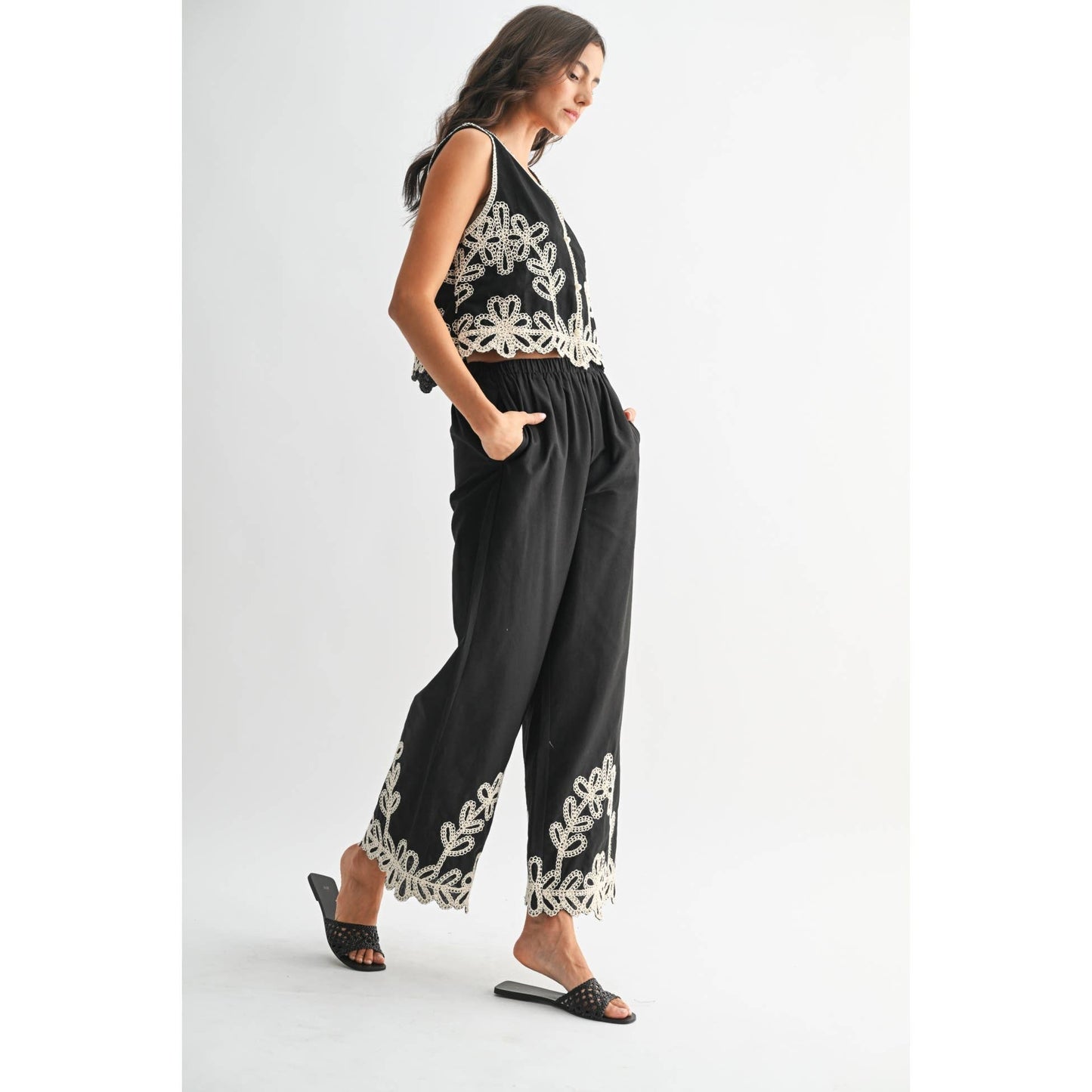 Embroidered Wide Leg Pants