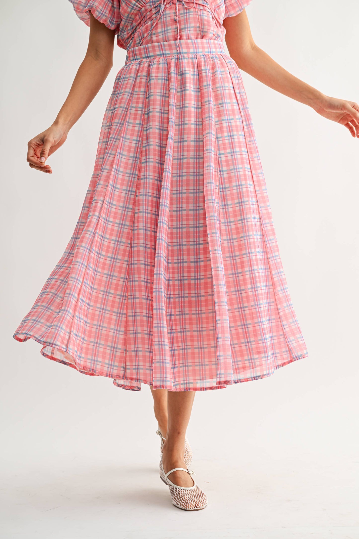 Pink Plaid Midi Skirt