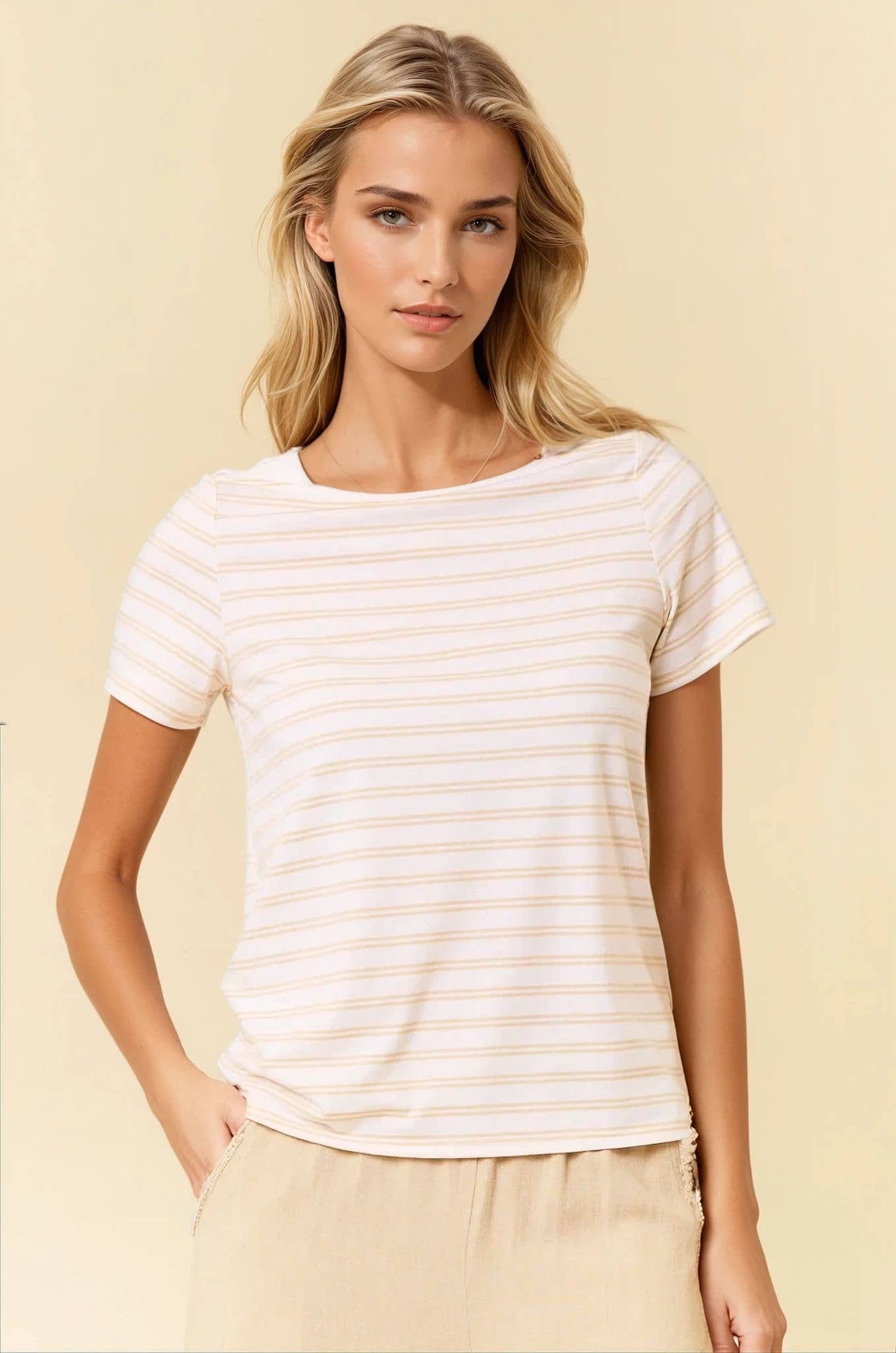 Soft Stripe Boat Neck Short Sleeve Top
