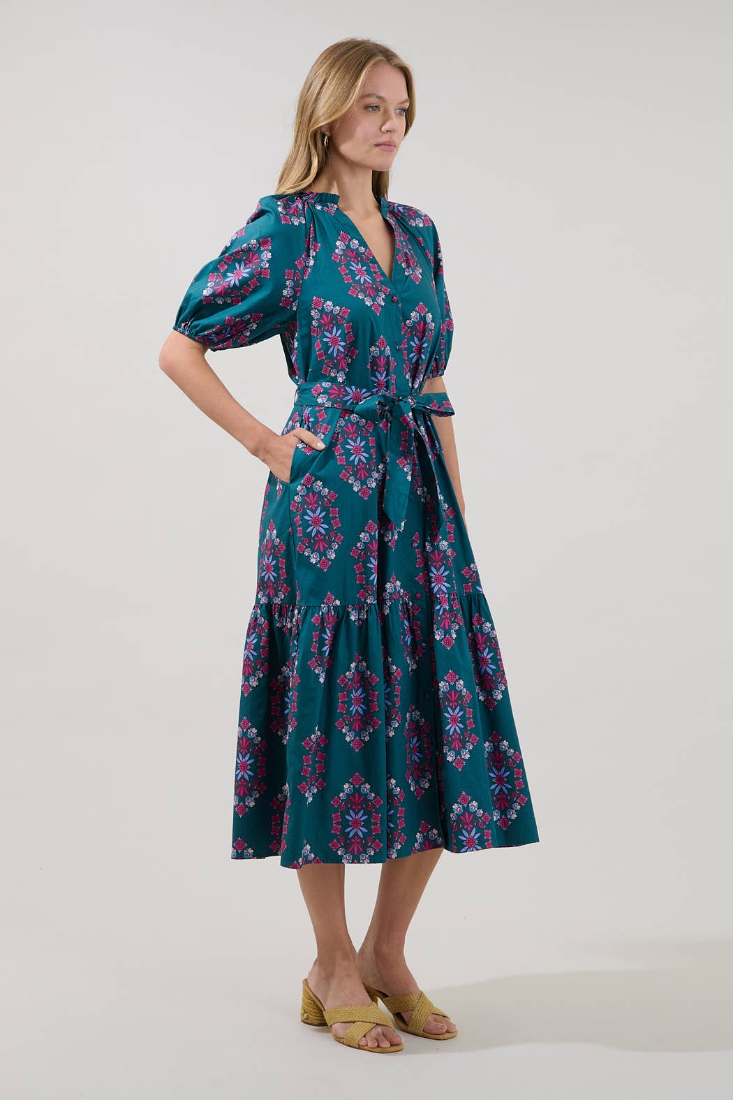Tie Waist Tiered Midi Dress