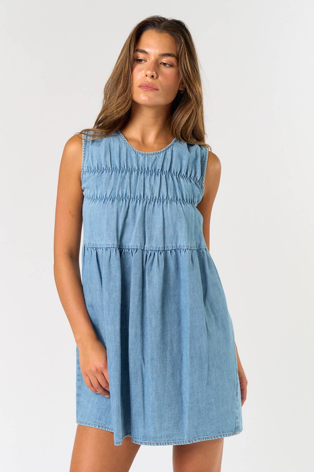 Sleeveless Ruched Denim Mini Dress