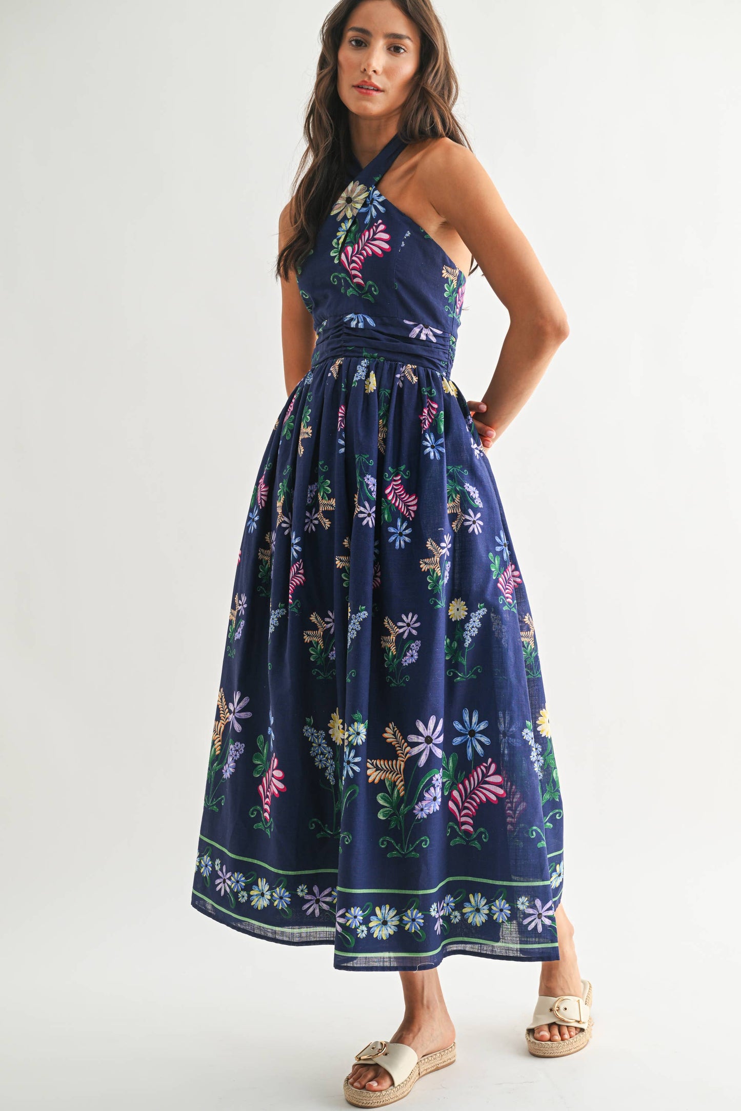 Rental- Camellia Crossed Halter Floral Midi Dress