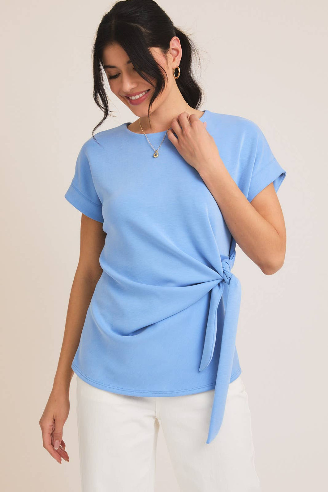 Round Neck Short Sleeve Waist Tie Top