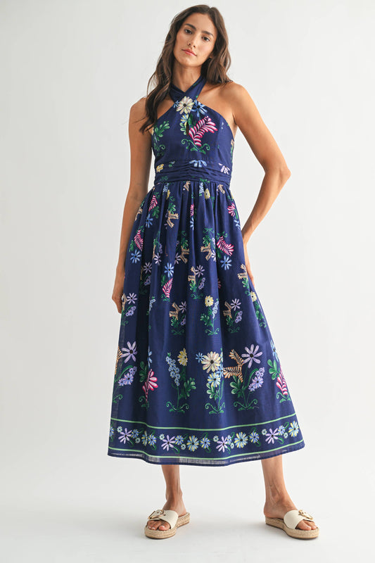 Rental- Camellia Crossed Halter Floral Midi Dress