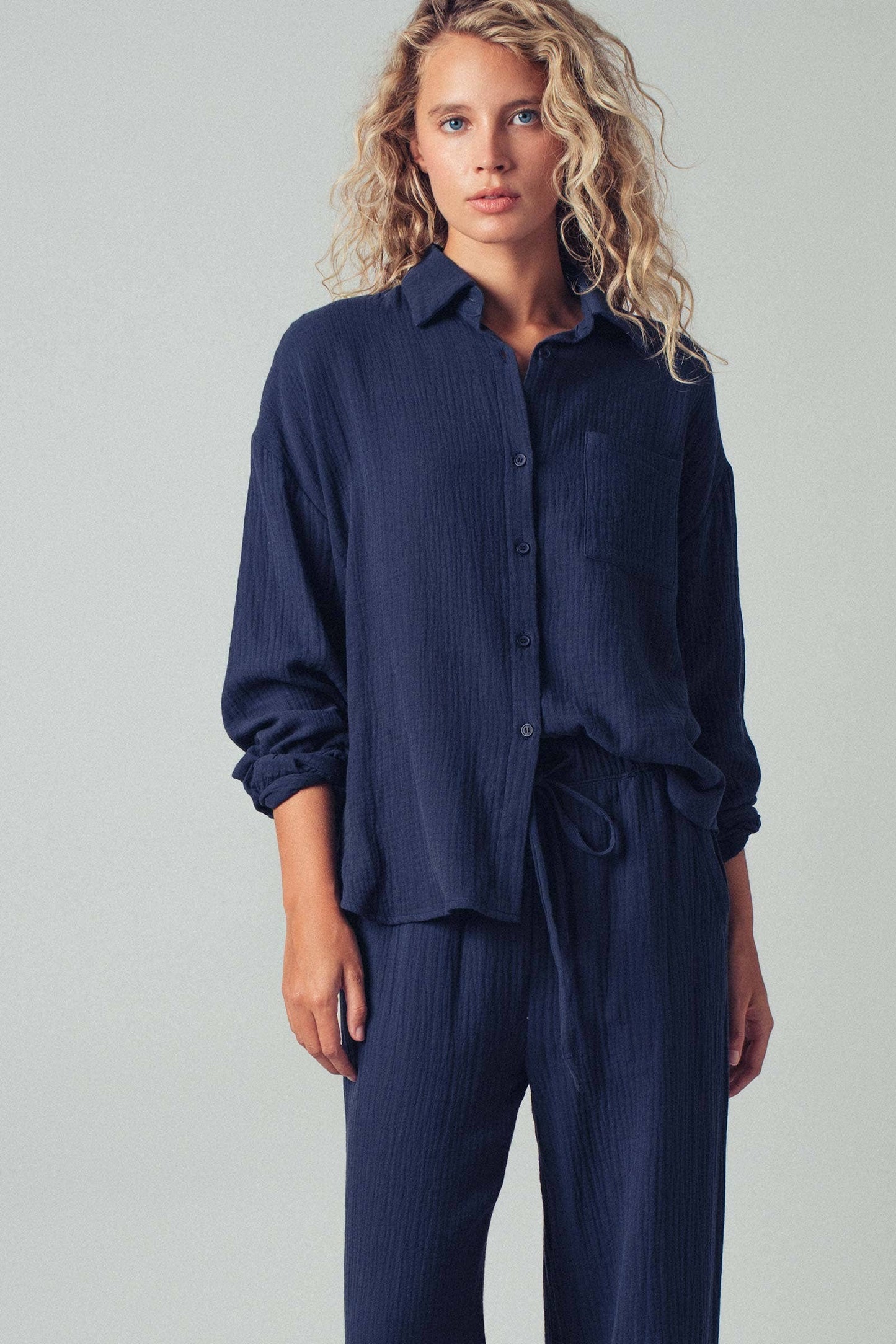 Textured Cotton Gauze Drawstring Pants