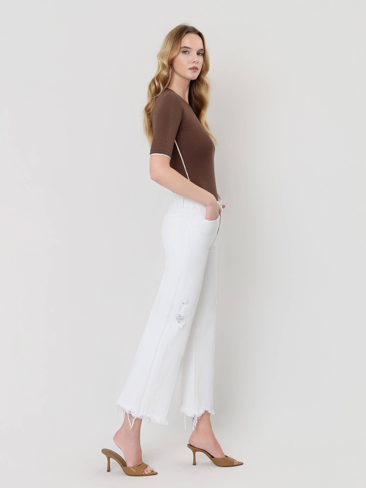 High Rise Raw Hem Crop Wide Jeans