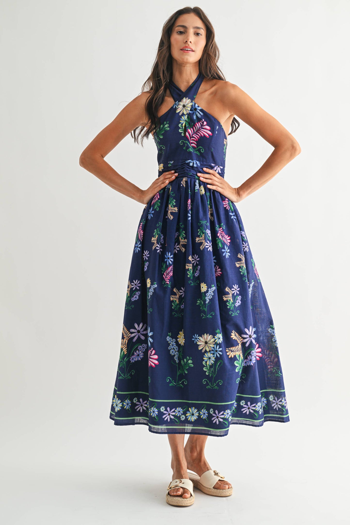 Rental- Camellia Crossed Halter Floral Midi Dress