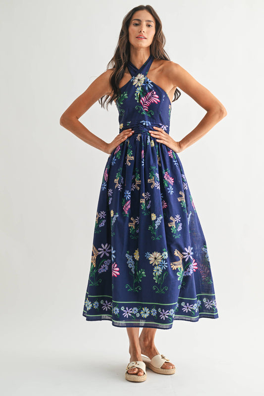 Rental- Camellia Crossed Halter Floral Midi Dress