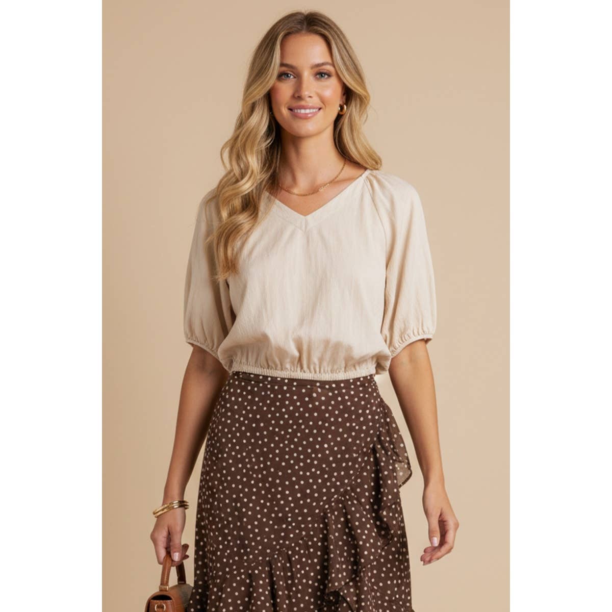 Elastic Puff Sleeve V-neck Top