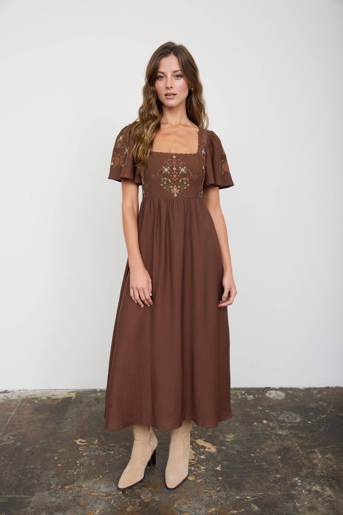 Embroidered Bell Sleeve Midi Dress