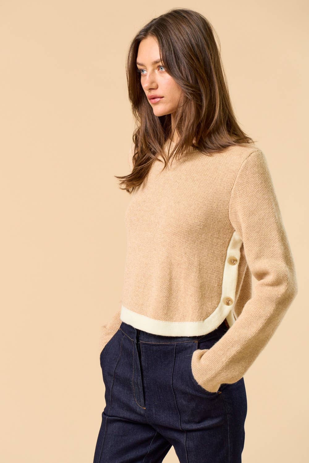 Contrast Trim Side Button Sweater