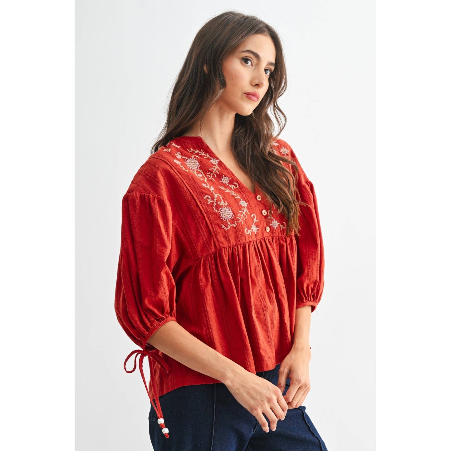 Embroidered V-Neck Boho Blouse Top